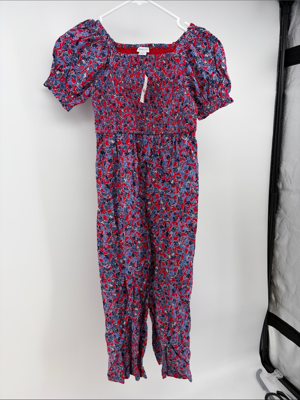 Crewcuts Girls Red and Blue Floral Smocked Jumpsuit- Size 7- NWT
